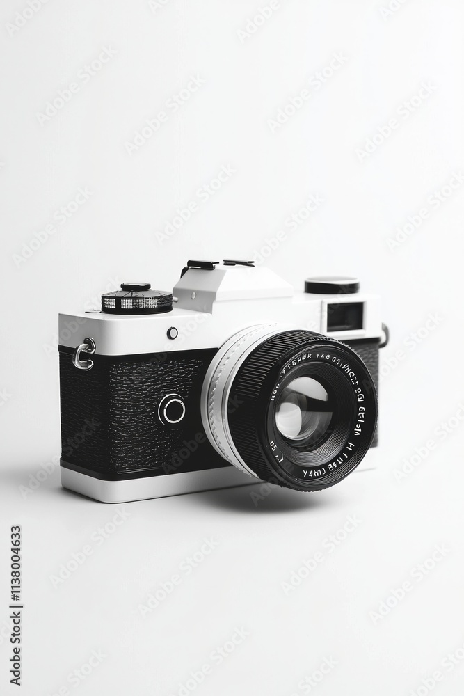 A classic white camera body with black details, captured in a minimalist style. A classic white camera body with black details, captured in a minimalist style.