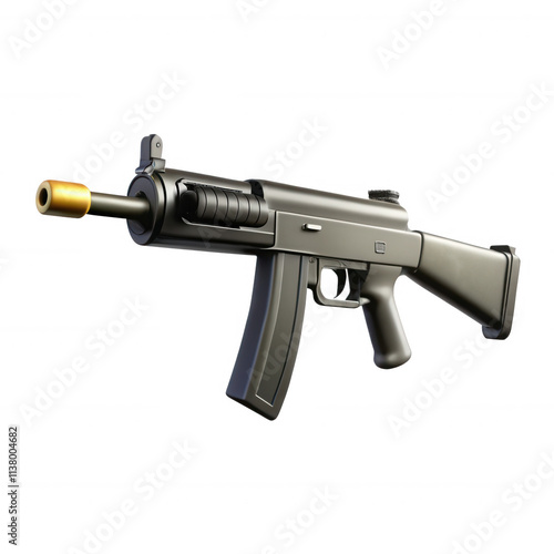 A detailed 3D model of a gun with a sleek design and gold accents, showcasing a realistic rendering. Ideal for gaming graphics or simulations. photo