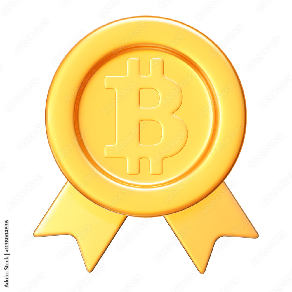 3d gold medal or coin with Bitcoin sign and ribbon. Stock vector illustration on isolated background. 3d gold medal or coin with Bitcoin sign and ribbon. Stock vector illustration on isolated background.
