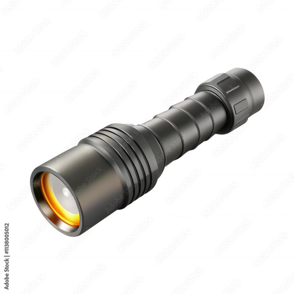 A detailed 3D render of a black flashlight, showcasing its sleek design and vibrant orange light, perfect for outdoor adventures or emergencies. A detailed 3D render of a black flashlight, showcasing its sleek design and vibrant orange light, perfect for outdoor adventures or emergencies.