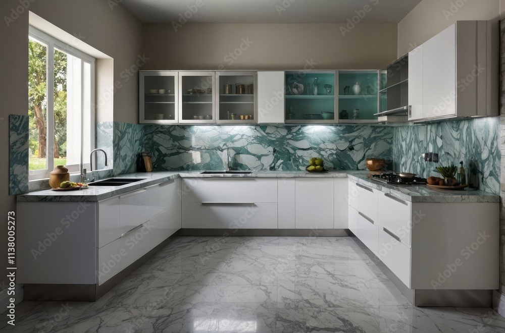Fototapeta premium Modern Frosty White Indian Kitchen Design With Marble Backsplash