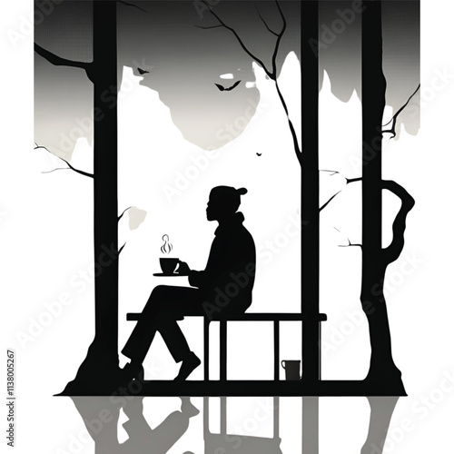 silhouette of a person sitting drink coffee