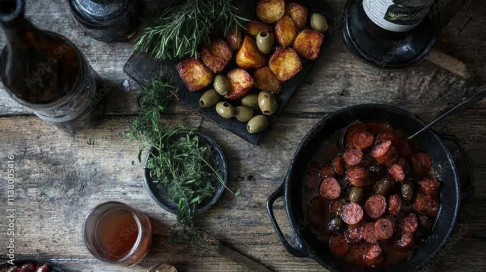 Savory Dish with Chorizo, Olives, and Roasted Potatoes on Wooden Table Savory Dish with Chorizo, Olives, and Roasted Potatoes on Wooden Table