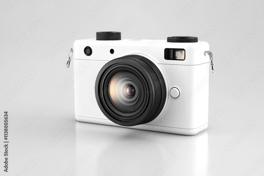 A classic white camera body with black details, captured in a minimalist style. A classic white camera body with black details, captured in a minimalist style.