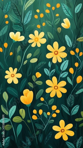 Wallpaper Mural A whimsical garden illustration featuring vibrant yellow flowers set against a lush green background, beautifully encapsulating the vibrant essence and renewal of spring. Torontodigital.ca