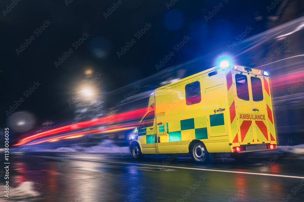 Ambulance car of emergency medical service in blurred motion on road at night. Themes health care, rescue, accidents and disasters.. Ambulance car of emergency medical service in blurred motion on road at night. Themes health care, rescue, accidents and disasters..