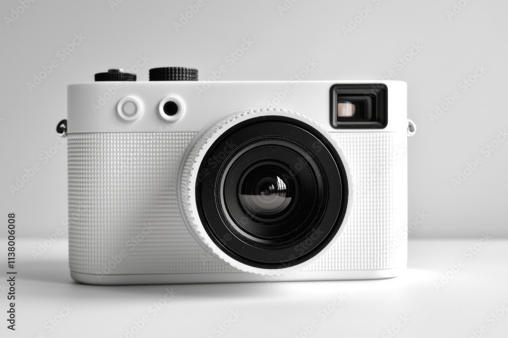 A classic white camera body with black details, captured in a minimalist style. A classic white camera body with black details, captured in a minimalist style.