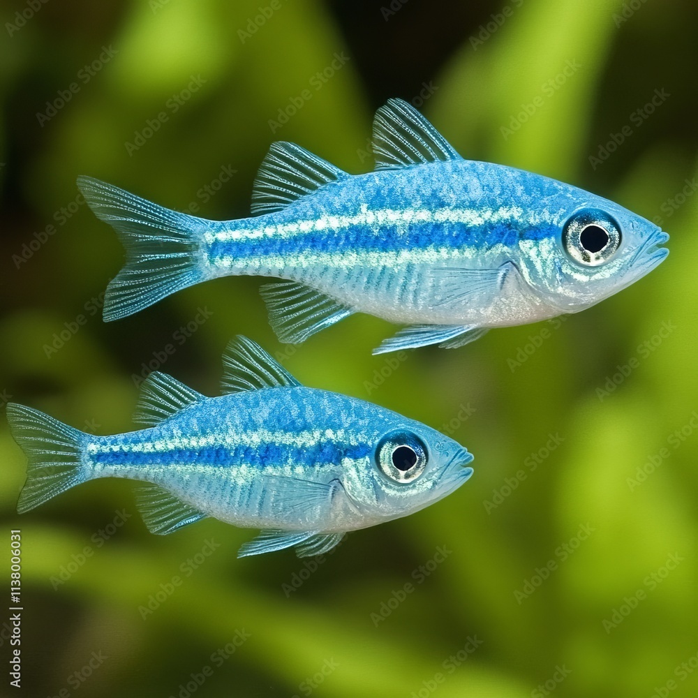 Two Vivid Blue Aquarium Fish Swimming Gracefully in Green Aquatic Environment Two Vivid Blue Aquarium Fish Swimming Gracefully in Green Aquatic Environment