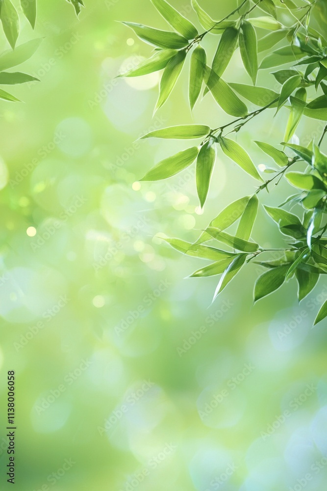 Fototapeta premium A close-up of bamboo leaves, with a blurred background and sunlight filtering through the green branches. 