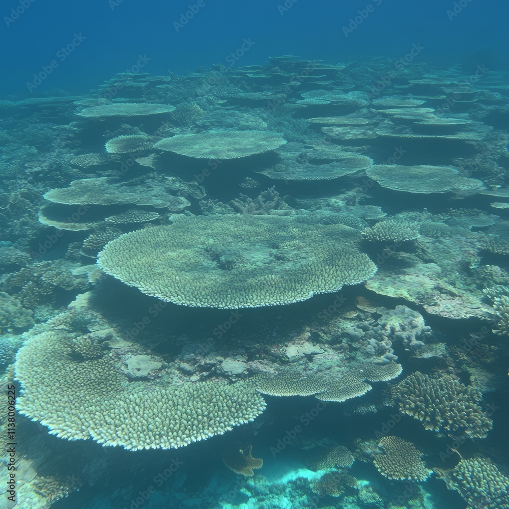 Underwater Coral Reef Ecosystem Panorama Showing Diverse Coral Formations Underwater Coral Reef Ecosystem Panorama Showing Diverse Coral Formations