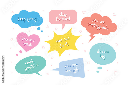 Cartoon speech bubbles, inspirational lettering phrases for teenagers. Social media, diary elements