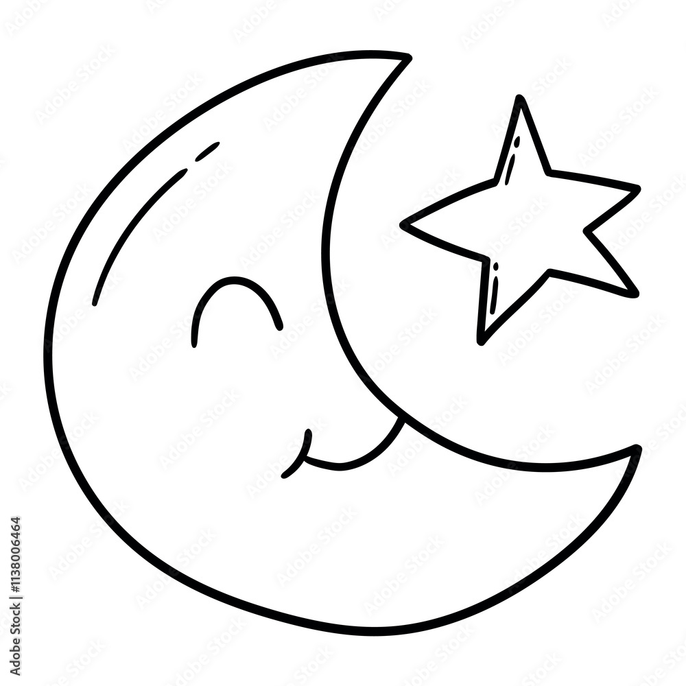Hand drawn doodle sleeping moon and star on white background. Hand drawn doodle sleeping moon and star on white background.