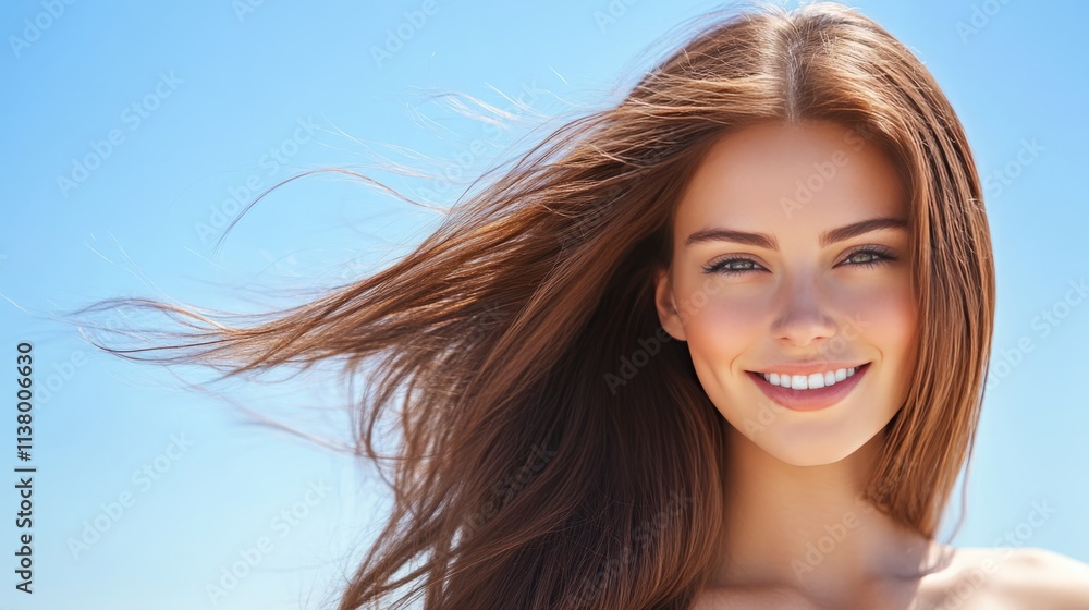 Fototapeta premium A woman with long, flowing, shiny hair enjoying a sunny day outdoors, highlighting the healthy, smooth, and radiant effects of keratin treatments.