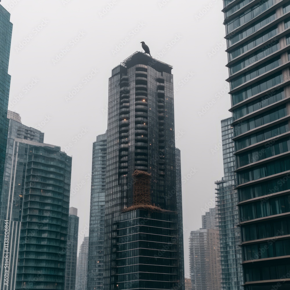 Fototapeta premium Urban Skyline with Crow Perched on Modern Building