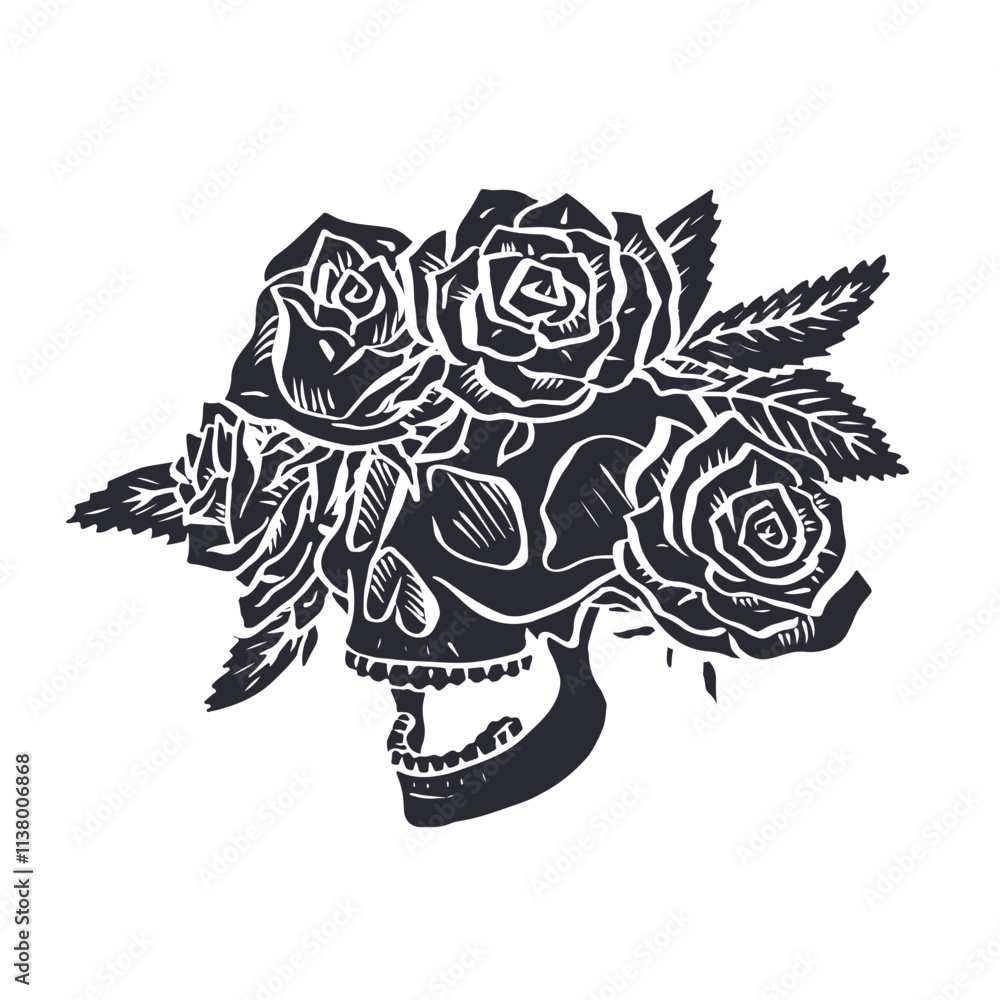 Hand drawn black silhouette floral human skull with rose wreath isolated on white background. Monochrome skeleton head with flowers design Hand drawn black silhouette floral human skull with rose wreath isolated on white background. Monochrome skeleton head with flowers design