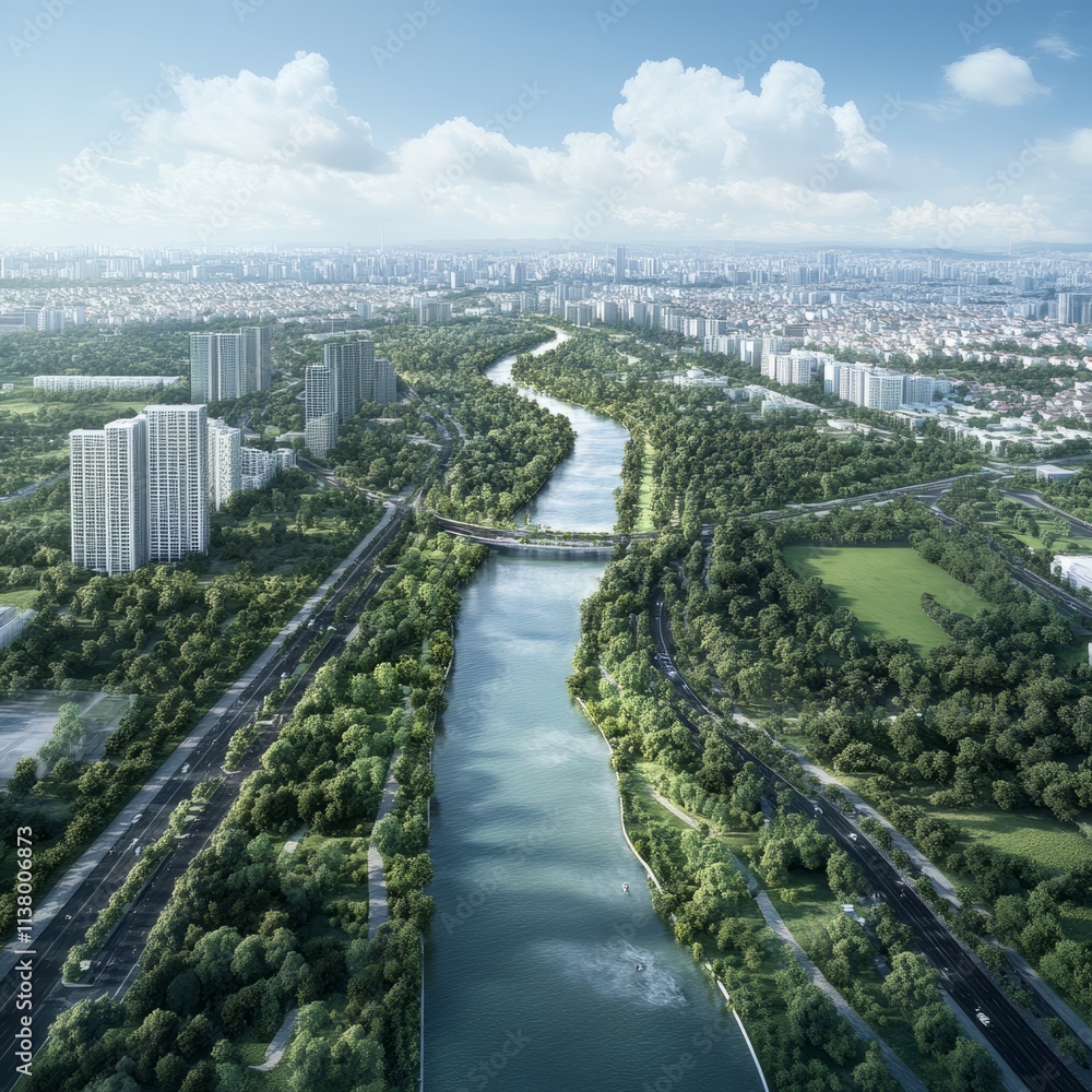 Fototapeta premium Urban Riverfront Development Aerial View Cityscape and Green Spaces