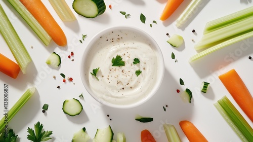 Fresh vegetable platter with creamy dip and herbs