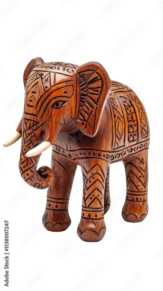 Fototapeta premium Wooden Elephant Figurine with Carved Patterns on Isolated Transparent Background