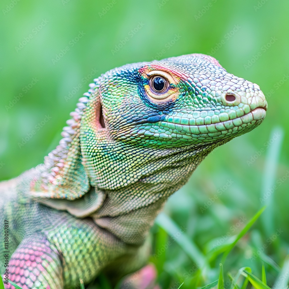 Fototapeta premium Vibrant Green Lizard in Lush Grassland Habitat