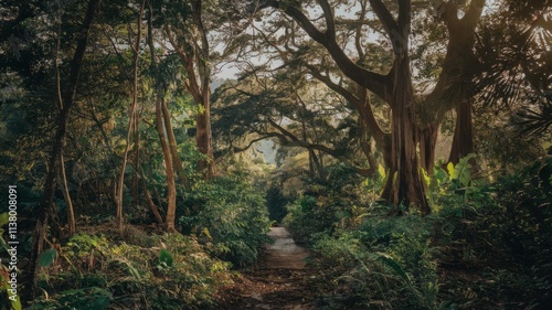 Wooden pathway through lush green tropical jungle with sunlight, serene nature walk concept, Pathway through a lush forest representing the way forward.