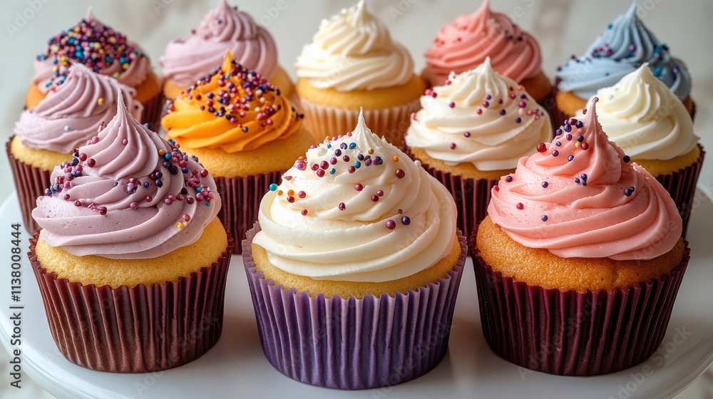 Colorful Cupcakes with Whipped Frosting and Sprinkles on Display for a Sweet Treat or Celebration in a Bright and Inviting Setting Colorful Cupcakes with Whipped Frosting and Sprinkles on Display for a Sweet Treat or Celebration in a Bright and Inviting Setting