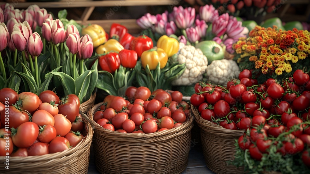 A vibrant display of fresh vegetables and colorful flowers at a farmers market. A vibrant display of fresh vegetables and colorful flowers at a farmers market.