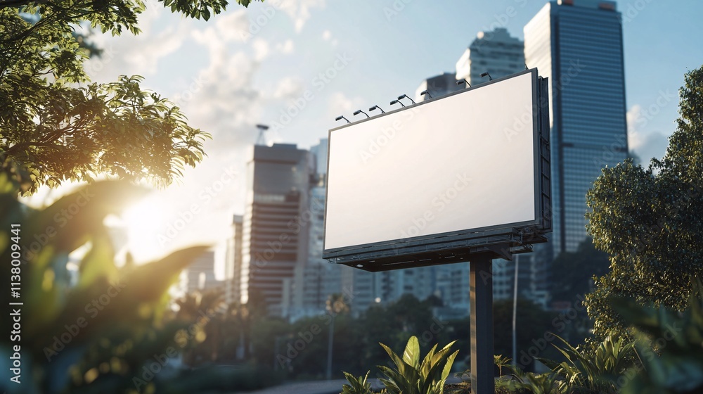 Fototapeta premium A blank billboard stands tall amidst a city skyline at sunset, surrounded by lush greenery.