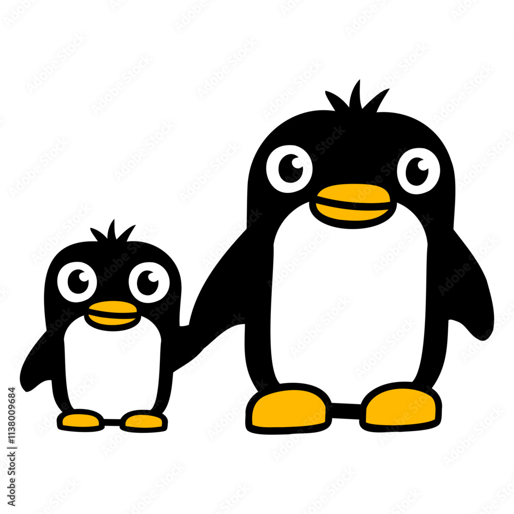 Obraz premium 2 Penguins Dad Mom Child Baby Hands Holding Cute Design Lover Art Vector Illustration Card T-Shirt Poster Sticker Graphic Print Decorative Drawing Isolated Logo Decoration Symbol Creative Cool Style