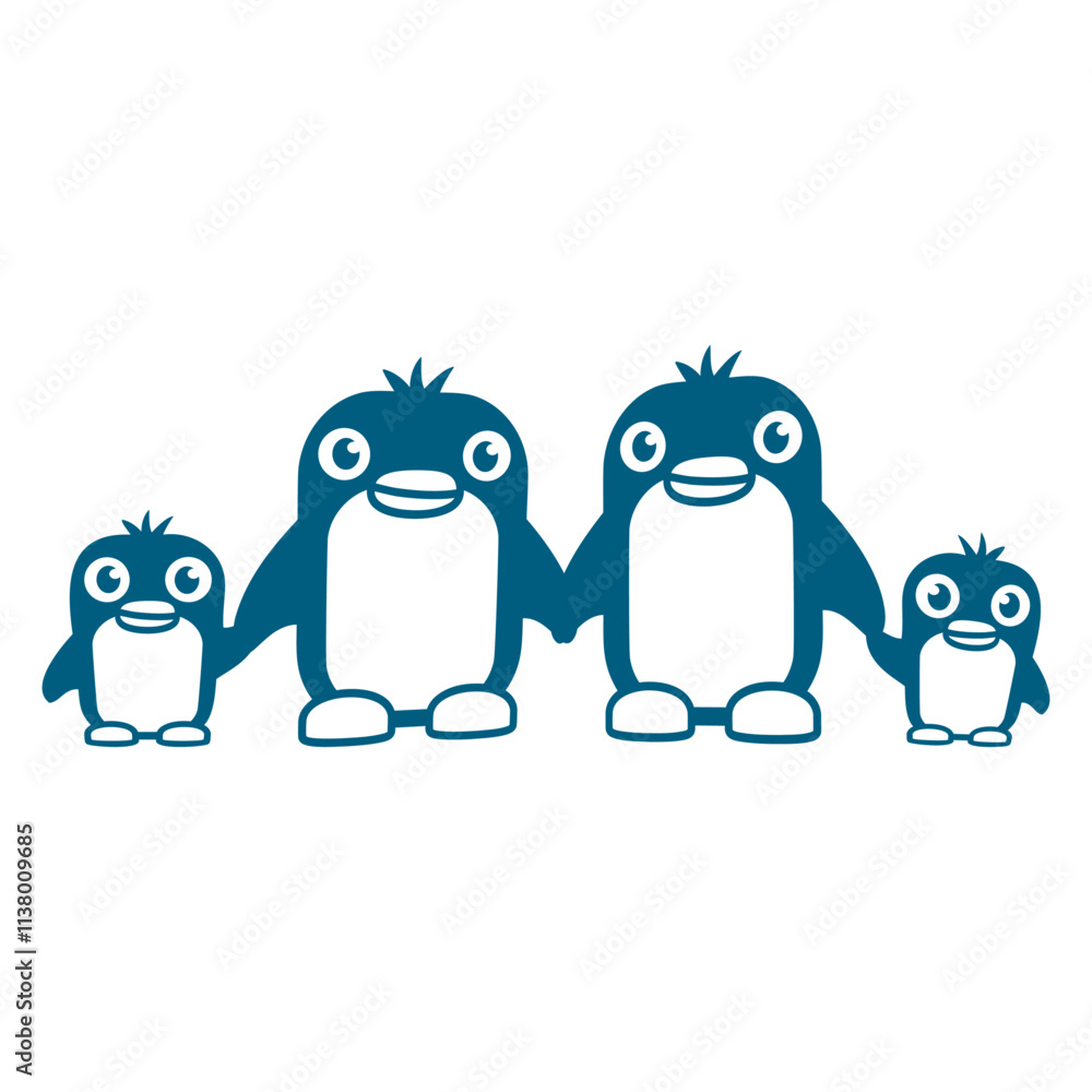Obraz premium 4 Penguins Dad Mom Two Kids Baby Hands Holding Kid Design Lover Art Vector Illustration Card T-Shirt Poster Sticker Graphic Print Decorative Drawing Isolated Logo Decoration Symbol Creative Cool Styl