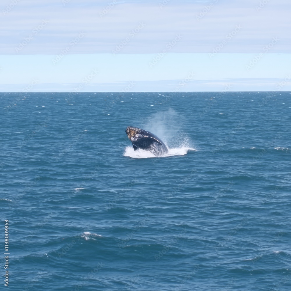 Whale Breaching Ocean Surface Powerful Aquatic Mammal Displaying Energy Whale Breaching Ocean Surface Powerful Aquatic Mammal Displaying Energy