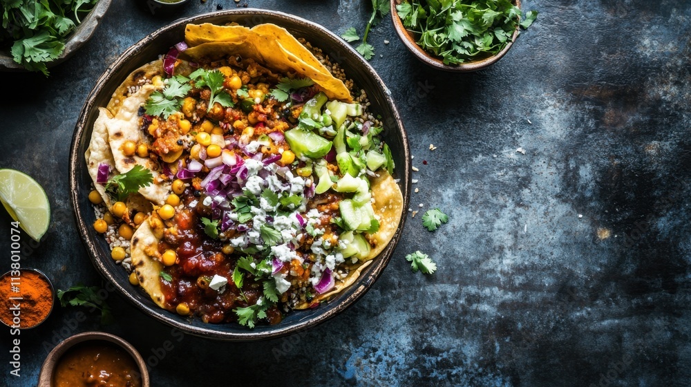 Colorful platter of delicious nachos with fresh toppings and salsa Colorful platter of delicious nachos with fresh toppings and salsa