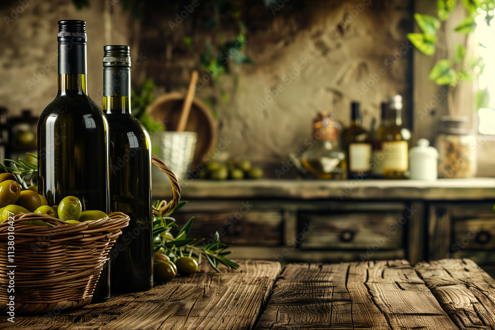 Obraz premium An olive oil glass bottle with an olive branch on a wooden table.