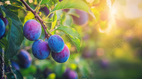 Vibrant plum tree branch with ripe colorful fruits in sunlight photo