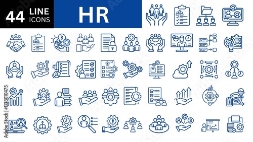 HR icon set. Human resources icons to business process, team work, personnel management, HR, staff rotation, coaching.