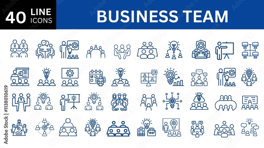 Naklejka premium Set of 40 outline icons related to business team. Linear icon collection. Editable stroke. Vector illustration
