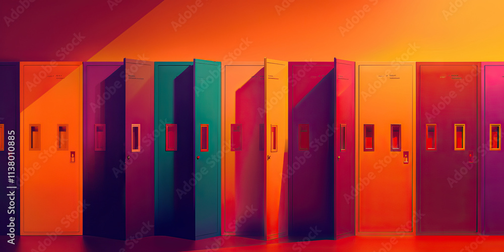 Fototapeta premium Row of Multicolored Doors in an Orange Room