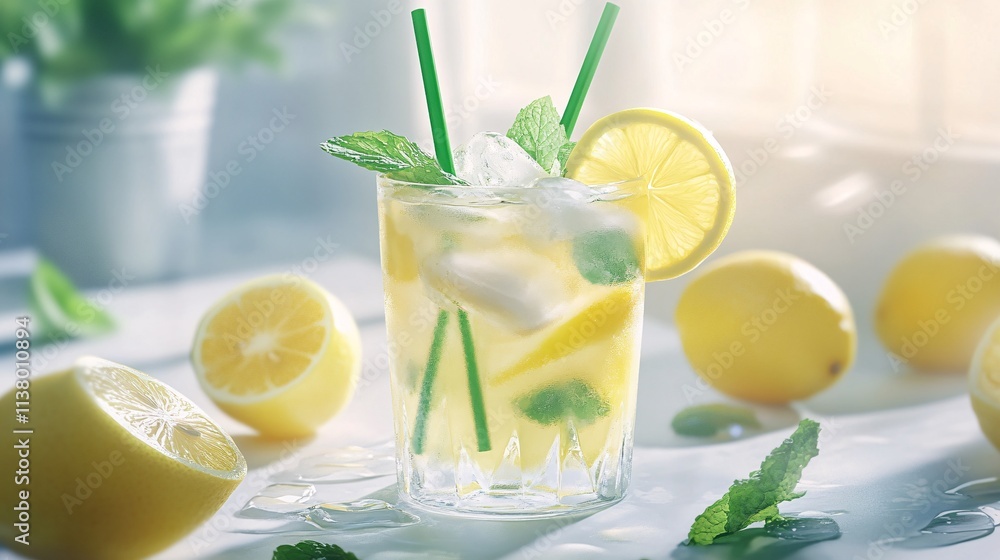 Refreshing lemonade with mint garnished, set against a bright, sunlit background. Refreshing lemonade with mint garnished, set against a bright, sunlit background.