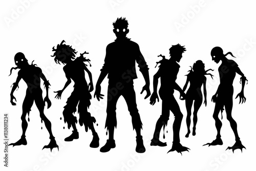 Zombie set silhouettes isolated flat vector illustration on white background.