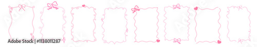 Whimsical coquette frame with bow and curly garland. Whimsical border pink coquette style. Vector illustration