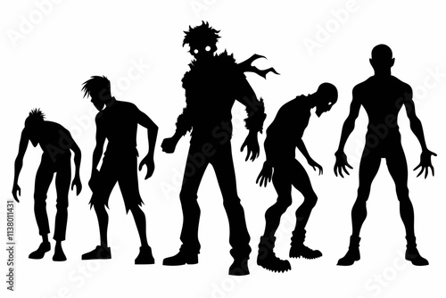 Zombie set silhouettes isolated flat vector illustration on white background.
