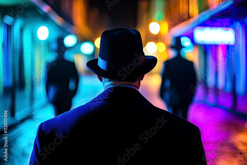 Shadowy figures lurking in the background of a vibrant street scene suggest hidden dangers waiting to unfold, enhancing suspense.