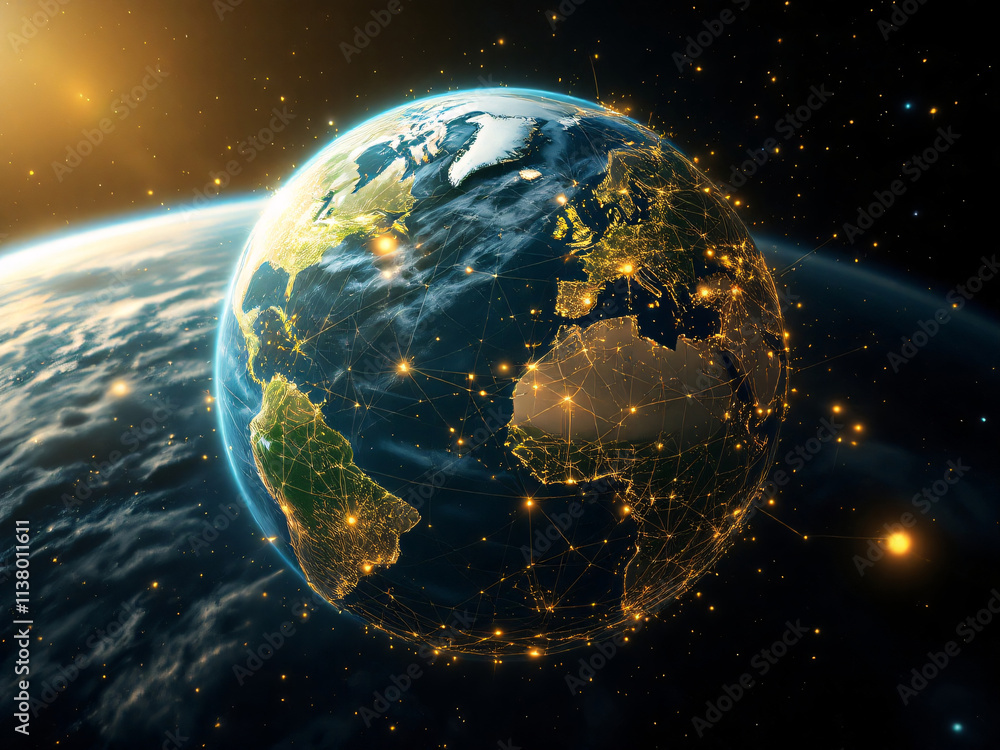 Obraz premium Earth, globe, space, night, lights, cities, continent, sunrise, dawn, atmosphere, stars, universe, planet, geography, map, technology, network, connections, urban, population, landmass, oceans, coast