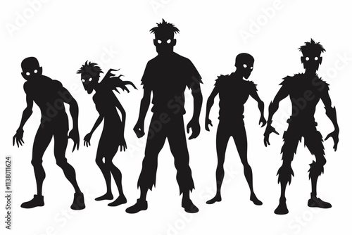Set of Black silhouettes of scary cartoon zombies isolated on a white background. Concept of undead monsters, horror illustration, Halloween character