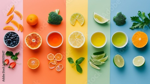 Vibrant collage of food products separated by bright white lines in seven distinct segments photo