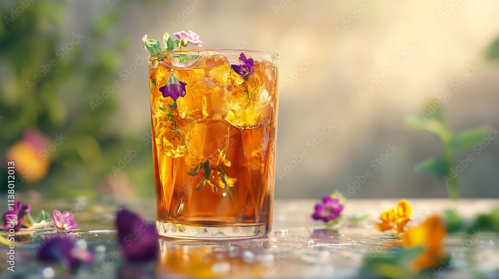 A refreshing iced tea drink garnished with vibrant edible flowers, sitting on a table with a soft, dreamy bokeh background. A refreshing iced tea drink garnished with vibrant edible flowers, sitting on a table with a soft, dreamy bokeh background.