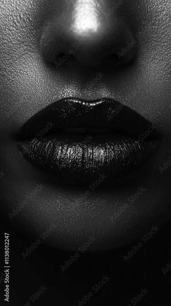 A woman's lips are painted black and shiny A woman's lips are painted black and shiny