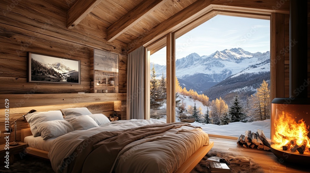 Luxury bedroom cabin in Alpes mountains with fireplace, big window Luxury bedroom cabin in Alpes mountains with fireplace, big window