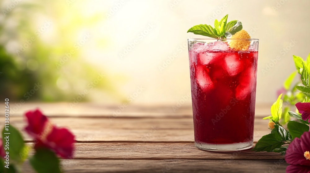 A refreshing red drink with ice, garnished with mint and a slice of orange, set amidst vibrant greenery and flowers. A refreshing red drink with ice, garnished with mint and a slice of orange, set amidst vibrant greenery and flowers.