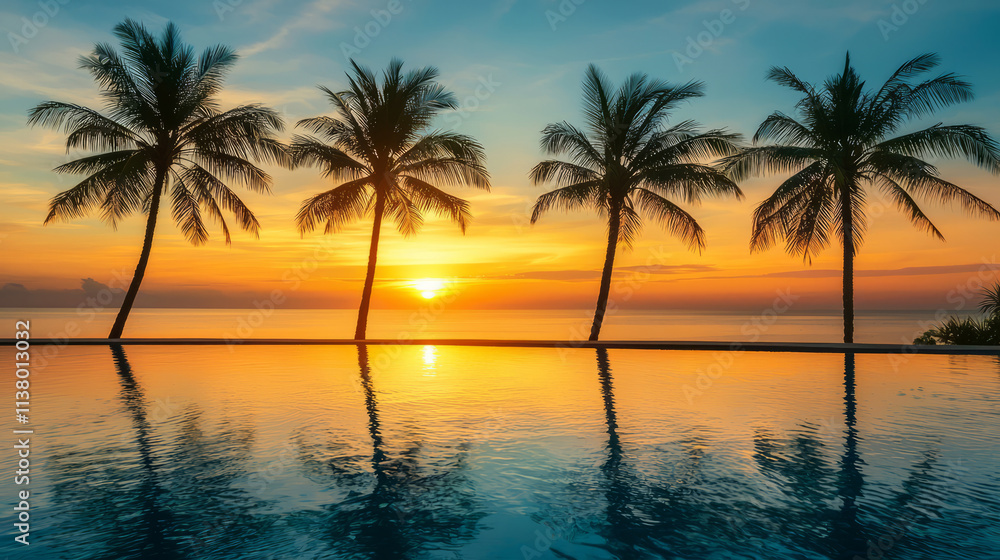 Obraz premium Silhouette of palm trees by swimming pool at sunset