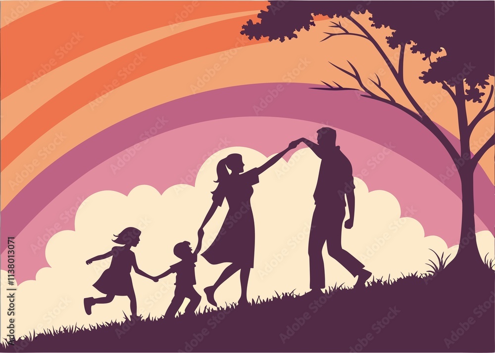 Silhouette of a family walking together on a grassy hill against a vibrant orange and red sunset sky Silhouette of a family walking together on a grassy hill against a vibrant orange and red sunset sky